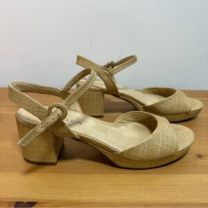 Anne Klein Raffia Block Heel Sandals Natural Beige Ankle Strap Size 10